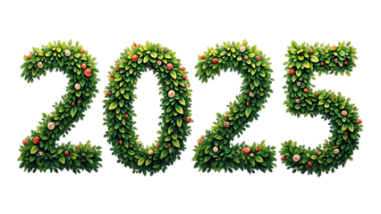 the numbers "2025" rendered in lush green foliage, suggesting growth or a natural theme symbolize a hopeful vision for the year 2025