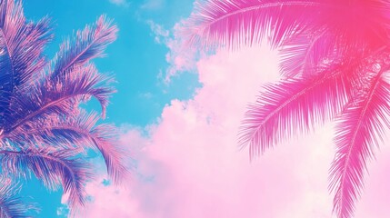 Vibrant Tropical Sky with Pink and Blue Clouds Framed by Palm Leaves at Sunset