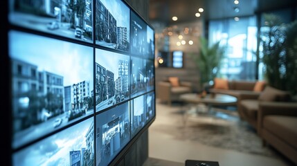 Security monitor displays building surveillance; modern lobby background; for security systems marketing