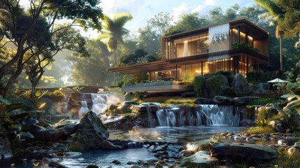 Fototapeta premium Artistic stylish house nestled in the woods with beautiful river views