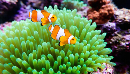 Clownfish Paradise: A close-up shot of a pair of clownfish darting in and out of a vibrant, orange-and-white sea anemone, with a colorful array of reef life visible in the background