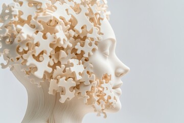 Obraz premium Silhouette of a Human Head Filled With Fragmented Puzzle Pieces Against a Neutral Gray Background Showcasing Creativity and Complexity