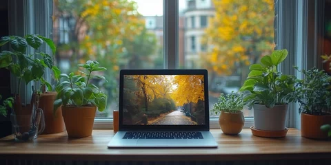  Laptop overlooking a vibrant autumn landscape with potted plants on a wooden table © olegganko