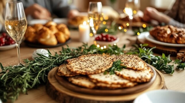 passover celebration, family gathers around beautifully decorated living room to recite from a festive passover haggadah at the table