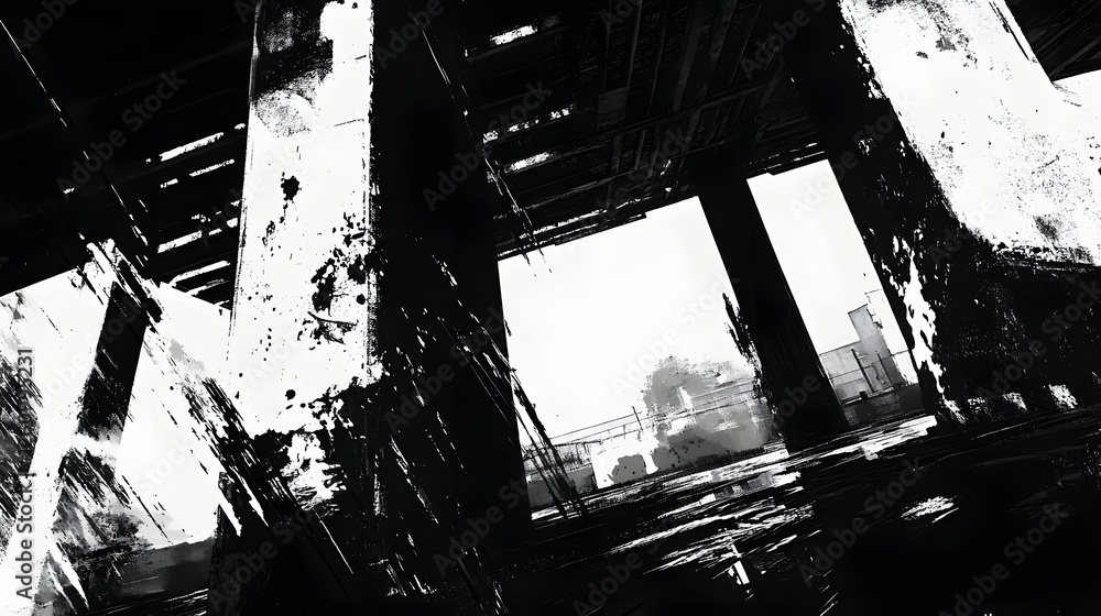 Poster abandoned and dilapidated industrial interior with shattered glass windows broken debris scattered t