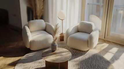 Modern Living Room with Two Cream Armchairs and Coffee Table