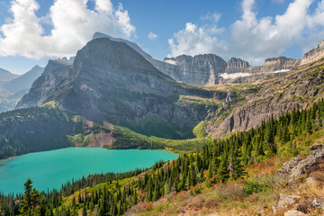 Glacier National Park - panorama view from the Grinnell Glacier Trail - The glacier, Grinnell Lake,  Angel Wing and Mount Gould in the background