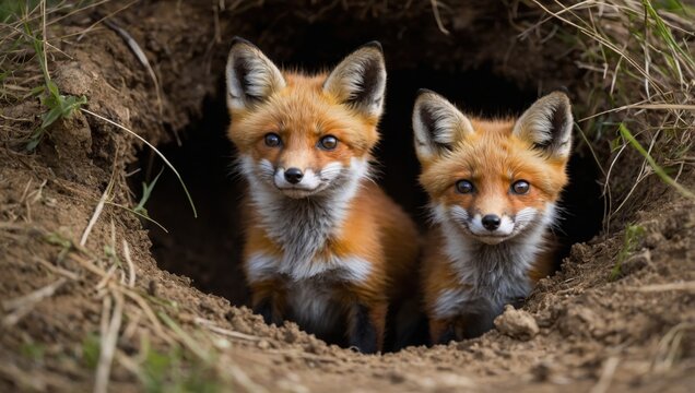 Young foxes peeking out from their den