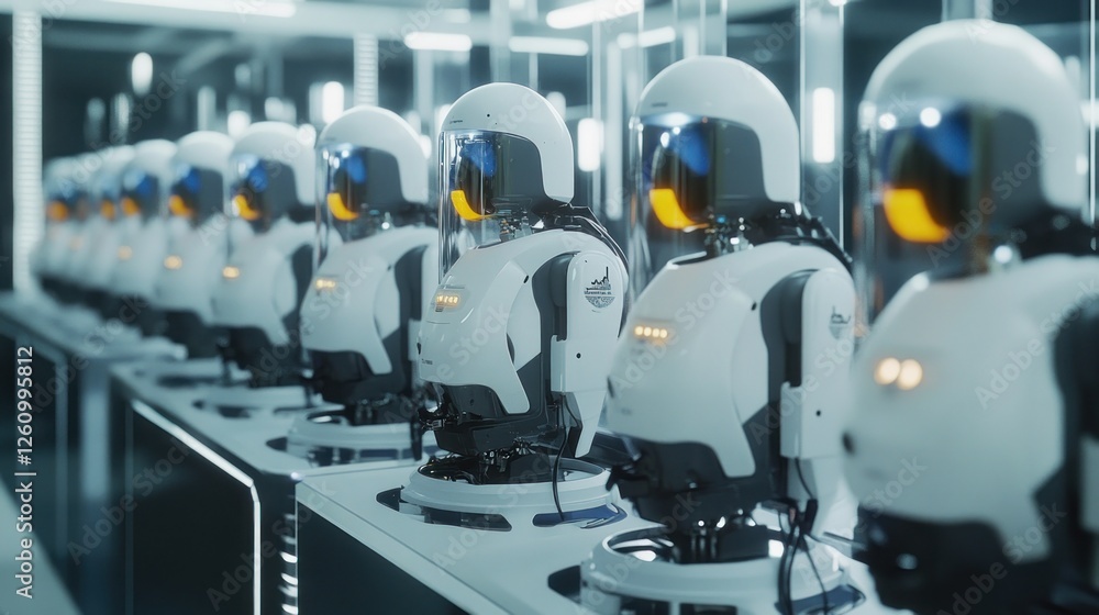 Poster robots assembling futuristic factory