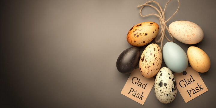 Decorative Easter eggs with "Glad P&aring;sk" tags on rustic background