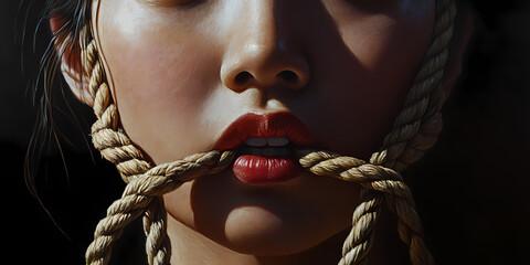 Silent Protest: An evocative artwork captures the silent struggle of a woman whose mouth is bound by rope. The artwork, a poignant portrayal, sparks contemplation about expression and constraint
