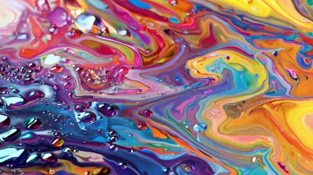Vivid colorful paint swirl with dynamic flow and water droplets in motion
