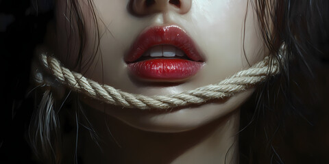 Silenced Expression: A close-up digital illustration captures a woman's face with a rope tied across her mouth, emphasizing vulnerability and restricted expression.
