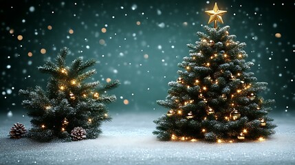 Two Christmas Trees Snow Covered Winter Scene