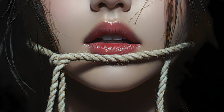 Silence and Restraint: An image of a woman with a rope tied around her mouth, a symbol of restricted expression and the tension of control.