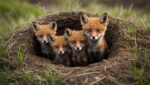 Young foxes peeking out from their den