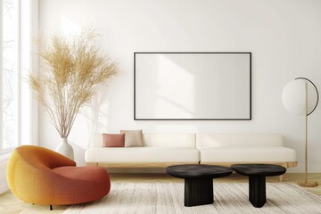 Modern Living Room Design Featuring Cozy Sofa, Artistic Wall Frame, Elegant Coffee Table, Stylish Decor, Bright Atmosphere