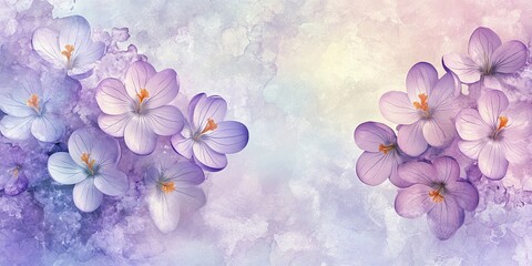 Delicate purple flowers blooming against a soft pastel background in a serene floral arrangement. Generative AI