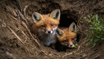 Fototapeta premium Young foxes peeking out from their den