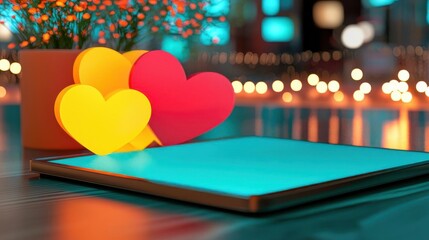 Colorful hearts and a glowing surface create a romantic ambiance.