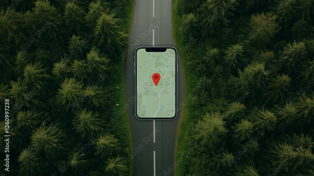 Poster Navigational smartphone screen revealing precise geolocation tracking through verdant forest pathway during slow motion driving sequence