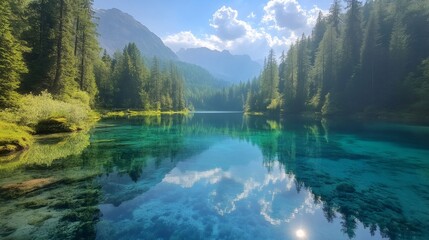 Obraz premium Crystal clear mountain lake reflecting surrounding nature in the dolomites
