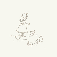 Illustration of farm girl feeding chickens. Line art, vector illustration in graphic vintage style