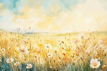Colorful watercolor landscape of a blooming wildflower meadow under a sunny sky. Generative AI