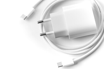 USB C connector with charger closeup, macro USB type C on a white background