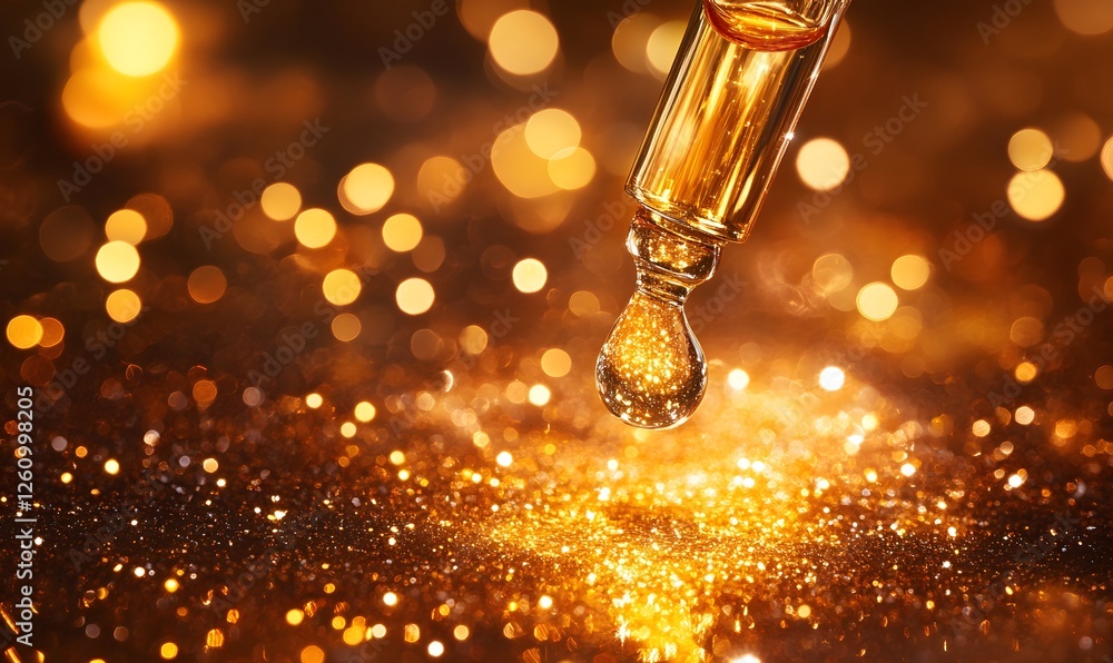 Aufkleber golden liquid dropping from a pipette with a blurred background of bokeh lights