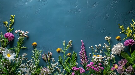 Colorful wildflowers border on blue background