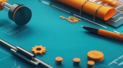 Creative workspace with orange tools and blue planning materials.