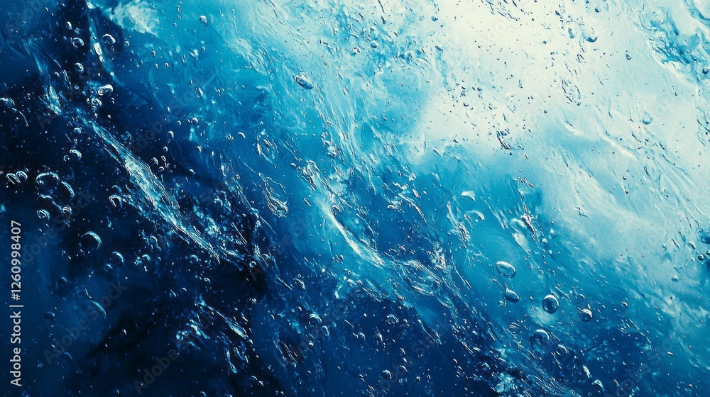 Poster ripples and droplets dance across a vivid blue canvas, forming an enchanting display of water dynami