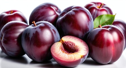 Obraz premium Fresh purple plum fruits on light background.