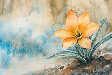 Beautiful orange flower blooms beside blue watercolor background with soft textures and earthy tones. Generative AI