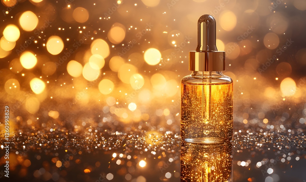 Poster golden serum in glass bottle with dropper on abstract background with bokeh effect
