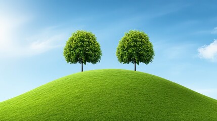 Fototapeta premium Two Green Trees on a Lush Hillside Under a Light Blue Sky