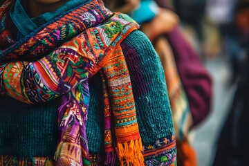 Fototapeta premium Vibrant Woven Scarf: A close-up of a woman wearing a brightly colored woven scarf, showcasing intricate patterns and rich textures.