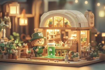 Leprechaun Enjoys Green Beer Under a Glowing Rainbow in a Charming Pub With Shamrocks