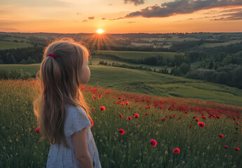 Sunset Serenity: A little girl gazes at a breathtaking sunset over a poppy field, capturing a moment of childlike wonder and the serene beauty of nature.