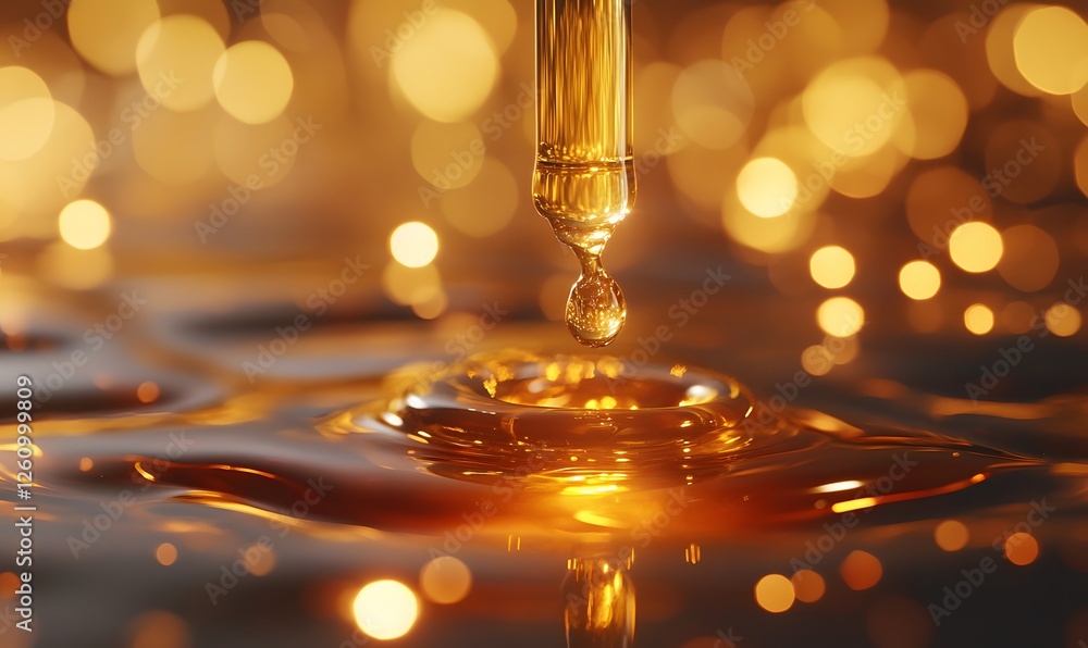 Poster golden liquid dropping from pipette creating ripples with bokeh lights background