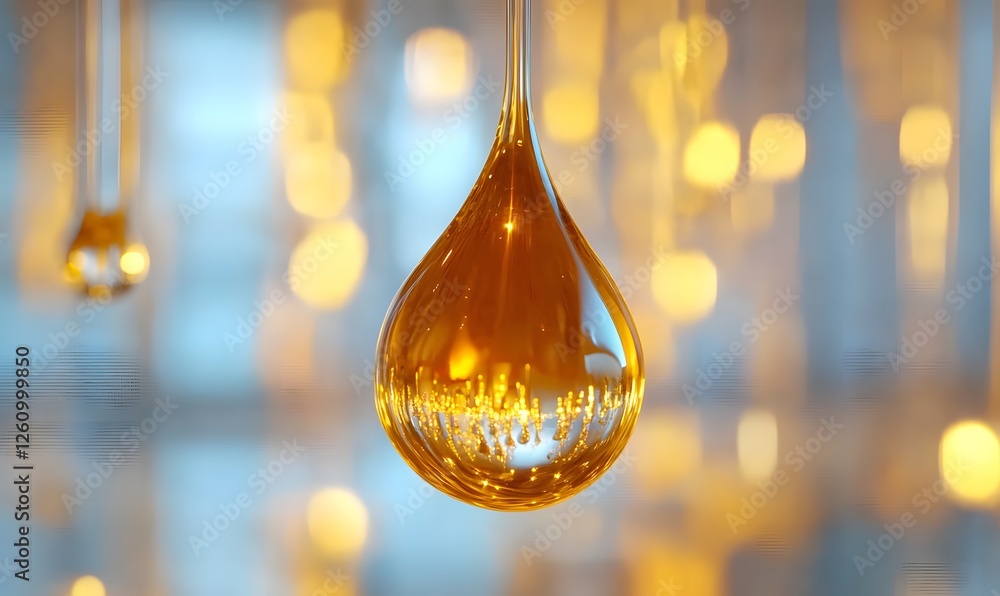 Poster golden liquid droplets with bokeh lights for an elegant abstract backdrop 3d render