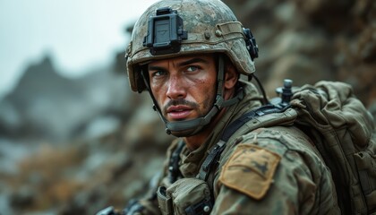 Fototapeta premium A Soldier's Steadfast Gaze, Portrait of Resilience in the Battlefield