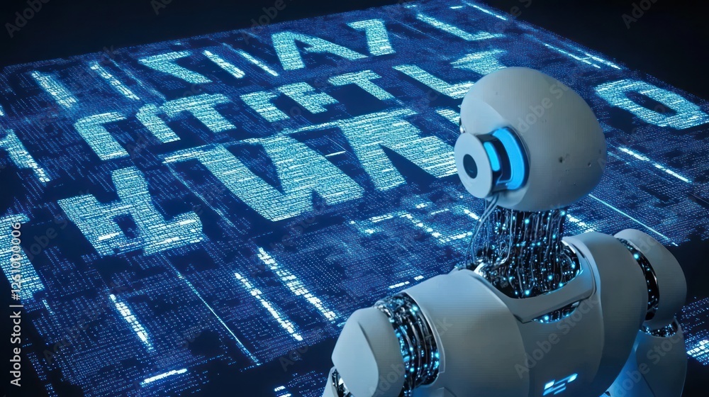 Poster robot analyzes digital code, dark background