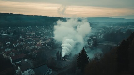 Fototapeta premium Train Smoke Hilltop Town Sunset