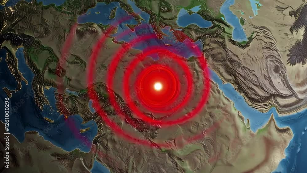 Aufkleber Visualization showing expanding seismic waves from earthquake epicenter, gradually zooming from world map to detailed terrain view, in slow motion