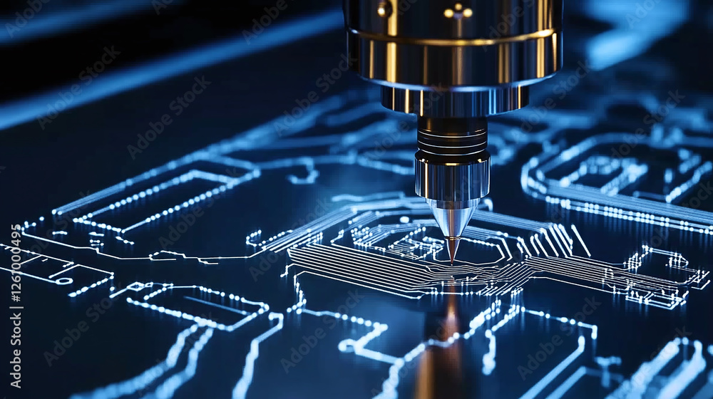 Poster precision engineering: a milling machine intricately carves a circuit board, showcasing advanced man