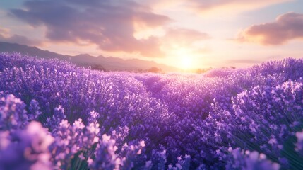 Fototapeta premium Sunset illuminating blooming lavender field in provence