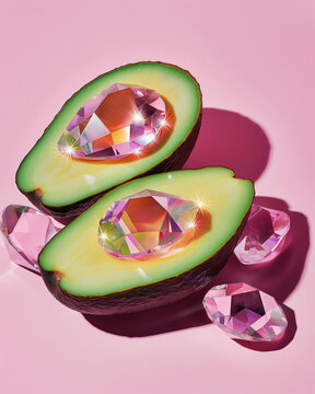 A halved avocado with a glistening pink gemstone in place of the pit, set against a soft pink background. A modern take on food and luxury fusion.