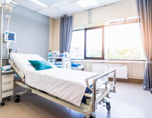 A clean and modern hospital room with a neatly made bed, medical equipment, and soft natural light coming through the windows.